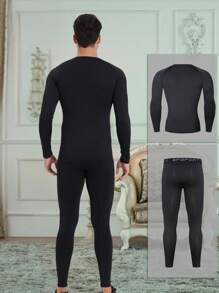 4-Piece Set Classic Slim-Fit Underwear Sports Base Layer Top And Leggings, 4-Way Stretch, Quick-Dry, Moisture-Wicking, Breathable Fabric For Gym, Indoor/Outdoor Fitness Exercises - Black - View 7