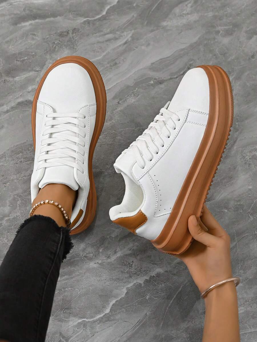 女士简约双色前系带皮革厚底防滑运动鞋，轻便百搭，适合日常、户外、通勤、情侣款、运动徒步 - 白棕 - 查看 1