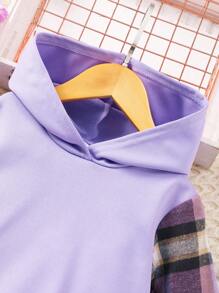 Young Girl Plaid Splice Hoodie Sweatshirt And Pants Set, Long Sleeve - Purple - View 3