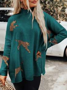 豹纹开叉高领休闲毛衣 - 水鴨藍 - 查看 1