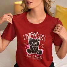 Kit - 2 Printed Women's T-Shirts, Basic, Slim, 100% Cotton, Super Comfortable, Premium Fabric With Round Neck - Màu Đỏ Sâu - Xem 4