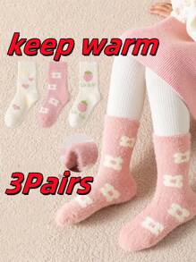 3 双儿童袜子，冬季加厚保暖内衬女童保暖舒适花朵和心形图案袜子，适合秋冬季 - 彩色 - 查看 12