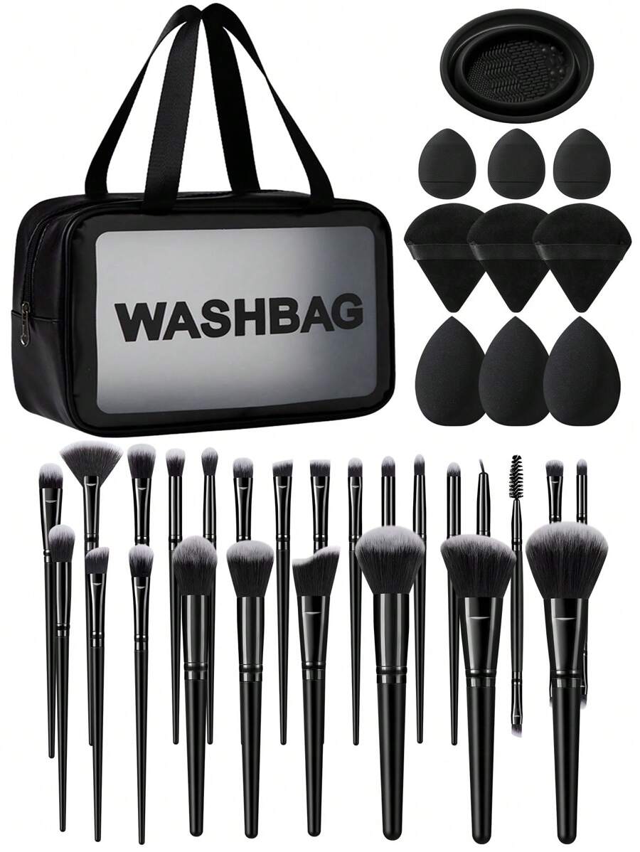 36件套化妆工具套装，包括：1个多功能防水拉链化妆包+25支化妆刷套装+3个化妆海绵+3个三角粉扑+3个迷你气垫粉扑+1个化妆刷清洁工具。 - 黑色 - 查看 1