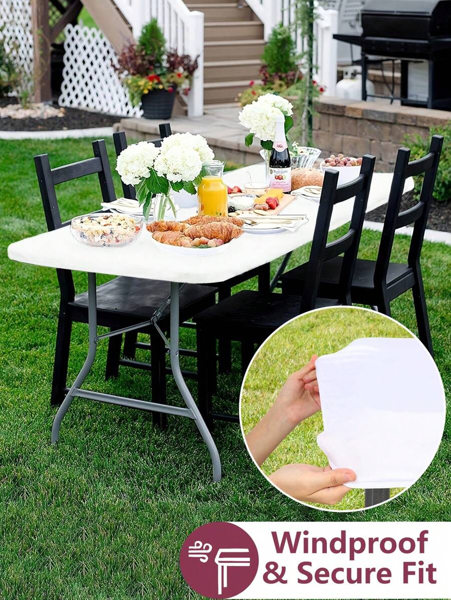 1 pieza Mantel de tela elástica blanco de spándex, cubierta ajustada para mesa, mantel de tela elástica lavable para decoración de mesa en cumpleaños, bodas, hoteles, fiestas, eventos, picnics, campamentos, interior y exterior - Blanco - Ver 1