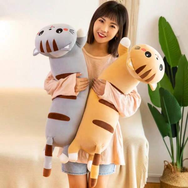 50cm/16.69in Cute Lying Down Cat Plush Doll, Soft Fabric Cat Doll Pillow, Pink/Gray/Brown Color, Birthday Gift For Girls