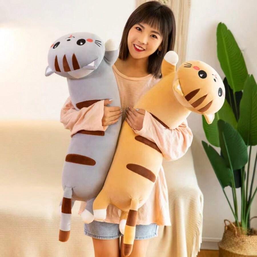 50 厘米/16.69 英寸可爱躺卧猫毛绒玩具，柔软布艺猫娃娃枕头，粉色/灰色/棕色，女孩生日礼物 - 彩色 - 查看 1