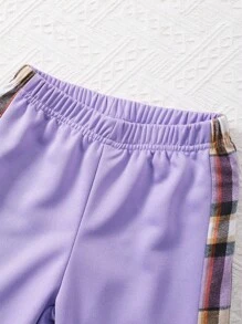 Young Girl Plaid Splice Hoodie Sweatshirt And Pants Set, Long Sleeve - Purple - View 7