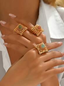 1 件几何镂空独特设计高端优雅女士开口戒指，适合派对、聚会和日常佩戴 - 多色 - 查看 2