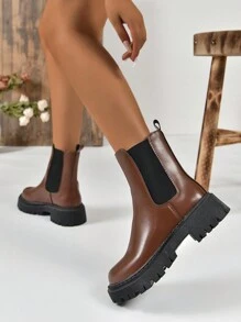 Women's New Autumn/Winter Chelsea Boots, Classic Thick Sole Calf Length Short Boots, Beige