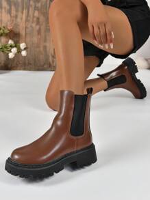 Women's New Autumn/Winter Chelsea Boots, Classic Thick Sole Calf Length Short Boots, Beige