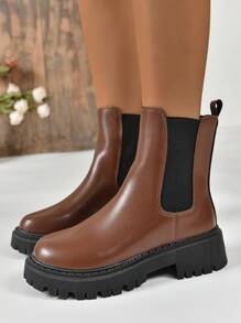 Women's New Autumn/Winter Chelsea Boots, Classic Thick Sole Calf Length Short Boots, Beige