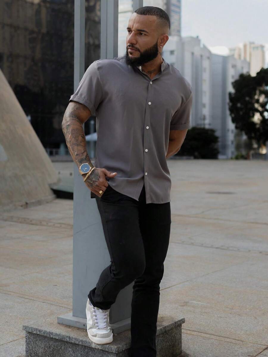 Men's Shirt With Priest Collar - 灰色 - 查看 1