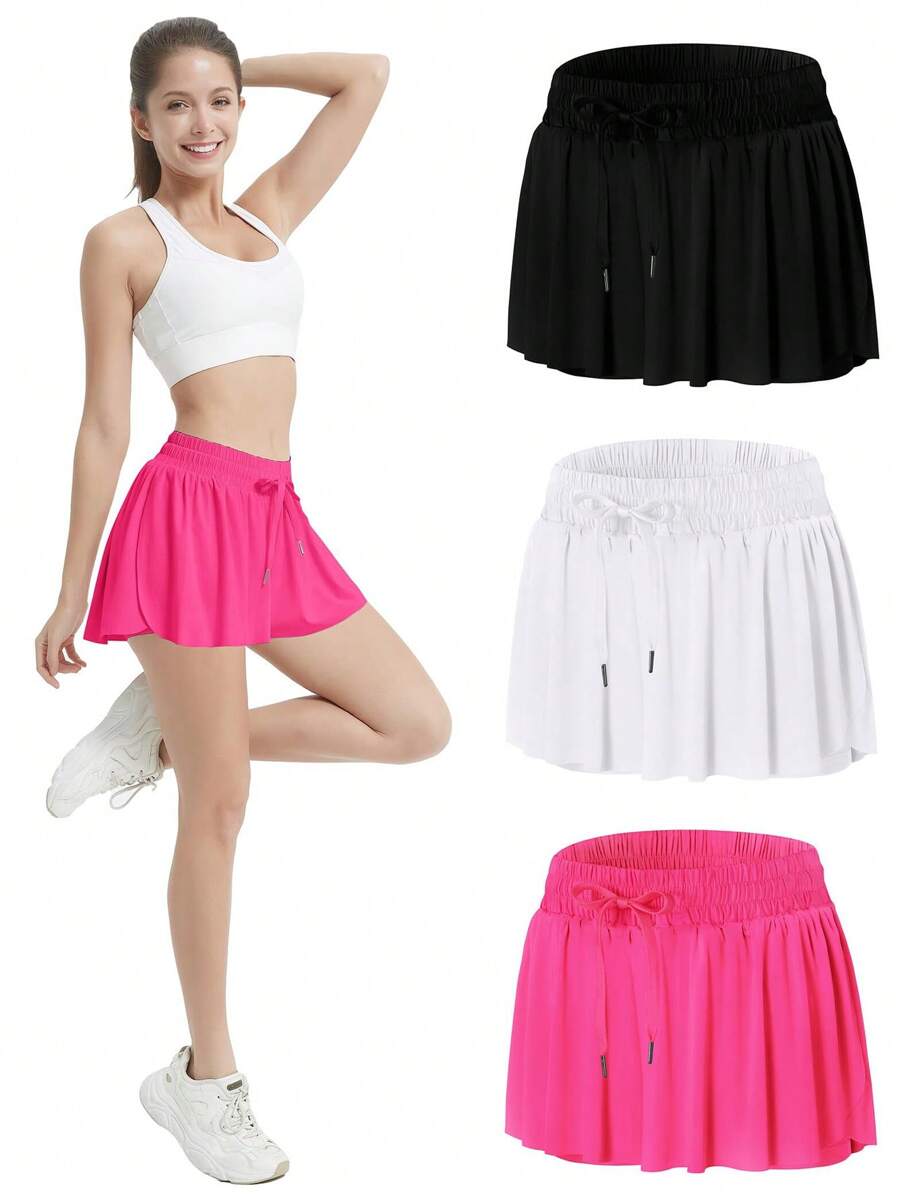 EXARUS 3 Pack Womens Butterfly Shorts Flowy Athletic 2 In 1 Running Workout Tennis Skirt Skorts Gym Preppy - SET-12 - 查看 1