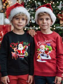 minizone 2pcs/Set Boys Christmas Sweatshirts, Casual Plush Lining Round Neck Tops - Multicolor - View 1
