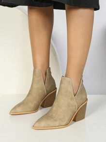 2024新款法式短靴女秋冬英伦风靴子裸色踝靴粗跟高跟尖头拉链西部靴 - 米色 - 查看 2