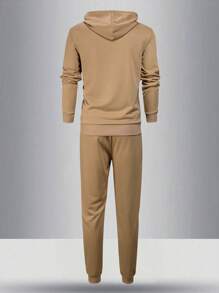 男士薄款连帽衫和运动裤套装，常规版型，个性化印花图案，时尚休闲装，带口袋，抽绳腰带，两件套，适合春秋季穿着，是送给丈夫/男友的绝佳礼物，适合街头、通勤、户外等各种场合，秋季服装。 - 卡其色 - 查看 2