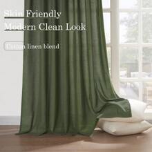 4 Panels Semi Transparent Cotton And Linen  Curtains, Farmhouse Ring Clips Back Tab Track System Hook Belt Drapes For Bedroom Living Room Office ,Bohemian Home Decoration, Back Tab Hooks Drapes With Hooks - Màu xanh Ô liu - Xem 6