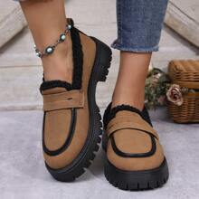 Mocasini cu slip-on din blană pentru femei, pantofi plate din piele în stil britanic, cu căptușeală caldă, talpă groasă, toamna/iarna 2024