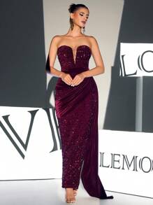 Women's Burgundy V-Neck Halter Sequin Slit Asymmetrical Hem Maxi Evening Dress - Red - View 1