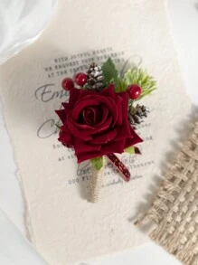 1Pc Boutonniere For Men, Groom Groomsmen Boutonniere, Winter Wedding Artificial Flowers For Wedding Decor/Prom/Homecoming, Etc.Christmas Red Berry - Boutonniere - View 7