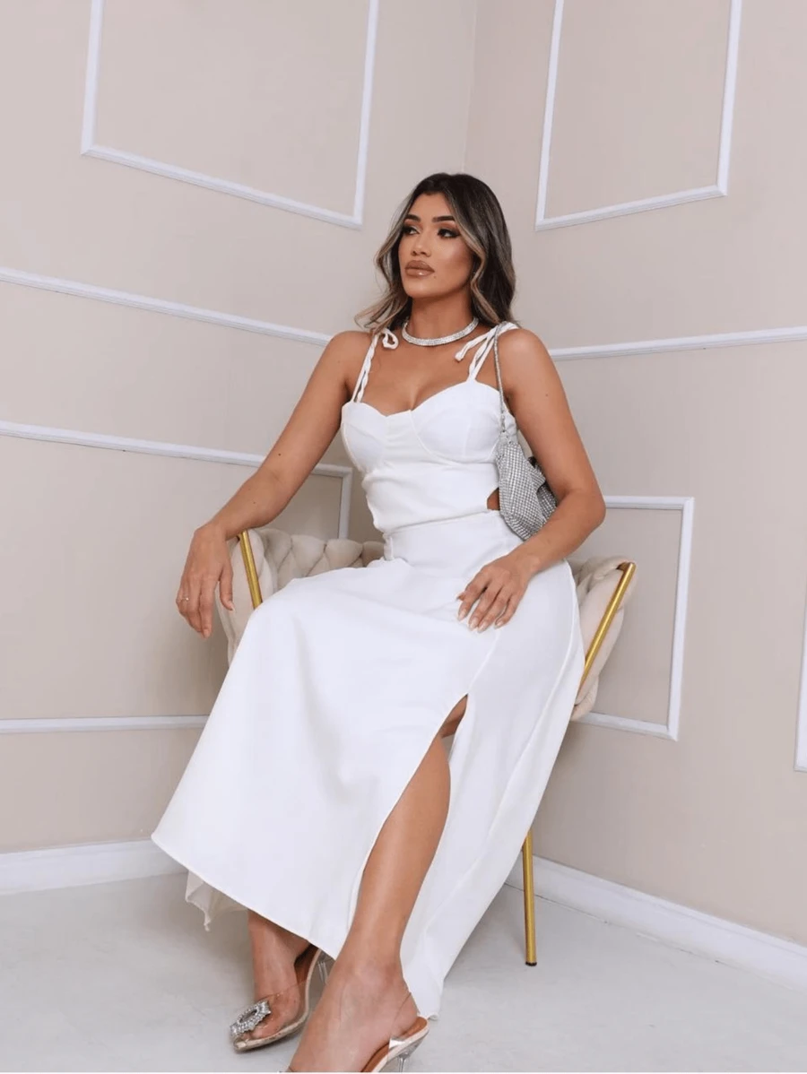 VESTIDO LONGO FEMININO ELEGANTE MODA CASUAL - Branco - Visão 1
