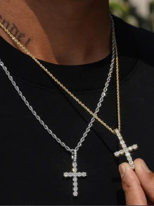 Diamond Cross Pendant Necklace, Men/Women, Gold/Silver Color, Ice Crystal Chain, Tennis Chain / Twist Chain With Cross Pendant, 20 Inch / 24 Inch - Multicolor - View 9