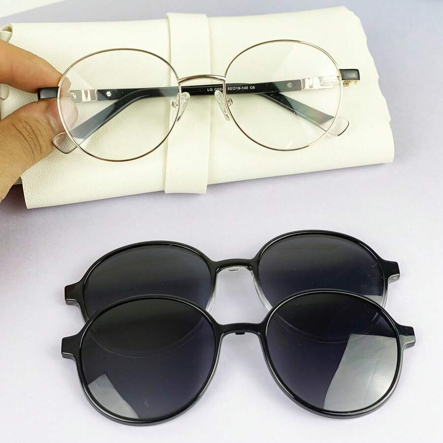 Women's Round Metal Glasses Frame + Two Easy-Fit Clip-On Lenses CF464 - C6 黑色 - 查看 1