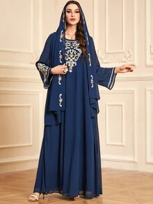 Women's Casual Round Neck Beaded Embroidery Elegant Loose Modest Long Sleeve Arabian Dress With Matching Embroidered Headscarf, Kaftan - Navy Blue - View 4