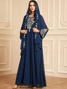Women's Casual Round Neck Beaded Embroidery Elegant Loose Modest Long Sleeve Arabian Dress With Matching Embroidered Headscarf, Kaftan - Navy Blue - View 1