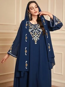 Women's Casual Round Neck Beaded Embroidery Elegant Loose Modest Long Sleeve Arabian Dress With Matching Embroidered Headscarf, Kaftan - Navy Blue - View 7