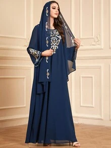 Women's Casual Round Neck Beaded Embroidery Elegant Loose Modest Long Sleeve Arabian Dress With Matching Embroidered Headscarf, Kaftan - Navy Blue - View 5