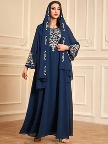 Women's Casual Round Neck Beaded Embroidery Elegant Loose Modest Long Sleeve Arabian Dress With Matching Embroidered Headscarf, Kaftan - Navy Blue - View 3