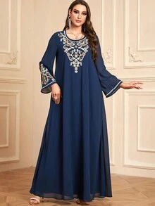 Women's Casual Round Neck Beaded Embroidery Elegant Loose Modest Long Sleeve Arabian Dress With Matching Embroidered Headscarf, Kaftan - Navy Blue - View 6