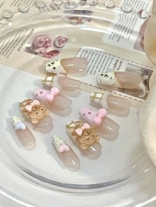 10 đầu móng tay nghệ thuật hình quan tài dài, trang trí móng tay hình quả trứng gấu dễ thương thủ công sáng bóng có thể tháo rời, bộ làm móng thời trang che phủ toàn bộ móng tay cho tiệc, đám cưới, trang phục hàng ngày cho phụ nữ và trẻ em gái, kiểu kẹp có thể tái sử dụng với 1 khối đệm móng - Nhiều màu - Xem 3