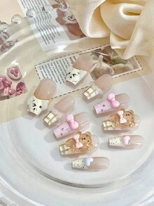 10 đầu móng tay nghệ thuật hình quan tài dài, trang trí móng tay hình quả trứng gấu dễ thương thủ công sáng bóng có thể tháo rời, bộ làm móng thời trang che phủ toàn bộ móng tay cho tiệc, đám cưới, trang phục hàng ngày cho phụ nữ và trẻ em gái, kiểu kẹp có thể tái sử dụng với 1 khối đệm móng - Nhiều màu - Xem 4