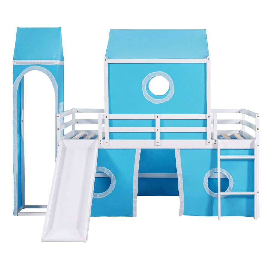 Loft Bed With Slide And Tent,Full Size House Loft Bed With Slide, Tent
