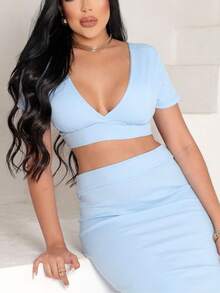 DRIA WOMEN'S SET WOMEN'S CROPPED RIBBON SET + SKIRT WITH SLIT - Màu xanh nhạt - Xem 2