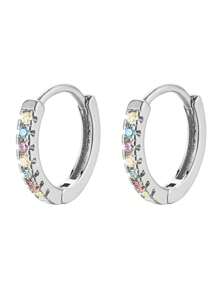 HuooNew 1 Pair 925 Sterling Silver Cubic Zirconia Hoop Earrings, Colorful Unisex Elegant Earrings Gift - Silver - View 2