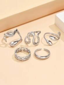 5pcs/Set Asymmetrical Line Design Open Rings, Casual Geometric Multi-Element Adjustable Stainless Steel Rings For Women, Party Wear - Ring Set - View 7
