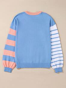 Acelitt Multicolor Striped & Colorblock Patchwork Design Simple Casual Pullover Sweater,Long Sleeve Tops Pink - Pink - View 5
