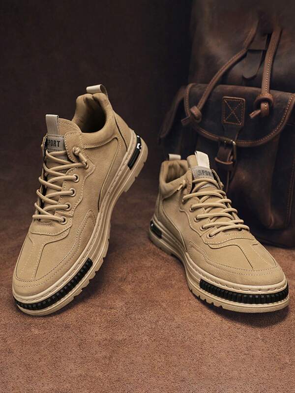 Los hombres de moda negro suela gruesa zapatillas de deporte casuales, punta redonda de malla transpirable de encaje hasta zapatillas de deporte para hombres con diseño de monograma de la calle de moda senderismo zapatos casuales para hombres