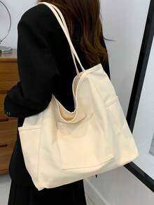 时尚简约纯色帆布女士手提包，休闲大容量户外旅行度假沙滩包，轻便多口袋可重复使用购物收纳单肩包，时尚百搭日常通勤手提包，适合上学、工作 - 白色 - 查看 2