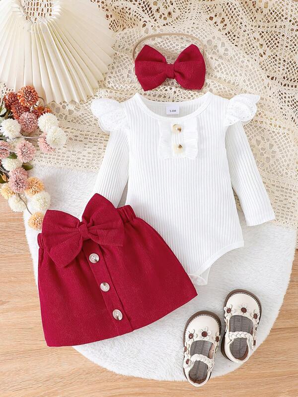 Baby Girl Solid-Color Button Decorated Long Sleeve Romper And Red Bow Decor Skirt Set With Hair Ties