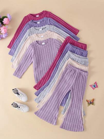 10pcs/Set Young Girl Casual Soft Comfortable Knitted Fabric Solid Rib Crew Neck Long Sleeve Top And Flared Pants Set, Autumn/Winter