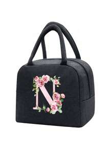 Isolierte Lunch Tasche, Kühltasche, Lunchbox, Kältepack, Blumen- und Buchstaben A-Z Muster Leinwand leichte tragbare Lunch Organizer Tasche, geeignet für Schule, Klassenzimmer, Uni, Büro, Camping und Picknick, Schulmaterial, Küchenorganisation, Küchen-Essentials, Lunchbox, Lunch Tasche, Damen Lehrer Picknick Tasche, Reise Kühltasche, Klassenzimmer Kühltasche, Damen Picknick Tasche - Schwarz - Übersicht 21