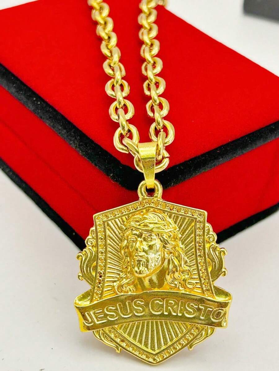 Men's Necklace With 6mm Gold Plated Jesus Christ Rope Chain - Vàng - Xem 1