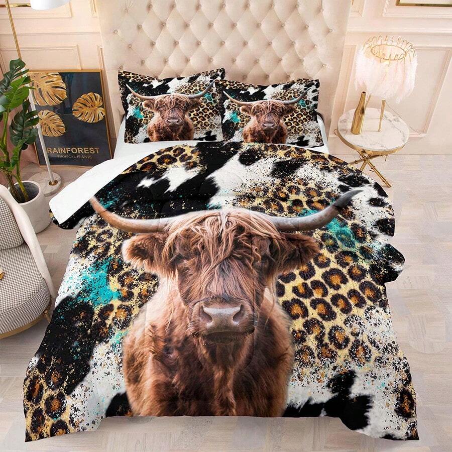 Western Highland Cow Bedding Twin/Full/Queen Size, Wild Cow Print Comforter Sets For Kids Teens Boys Leopard Comforter Sets - màu nâu - Xem 1