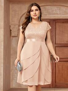 Plus Sequin Lace V Neck Ruffle Trim Chiffon Hem Semi Formal Party Swing Dress - Champagne - View 5