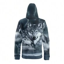 大码男士 3D 数码狼印花休闲街头连帽衫，秋冬季流行款 - 黑色 - 查看 4