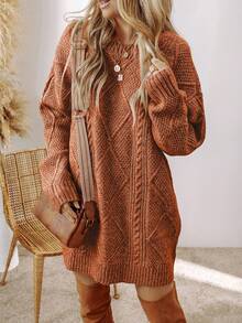 Acelitt 秋冬女款超大宽松纹理针织连衣裙，棕色纯色，建议选择小一码 - 棕色 - 查看 5